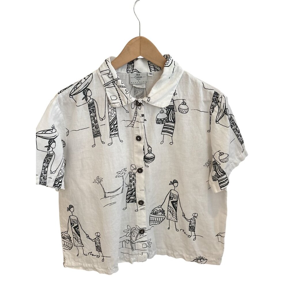 Hot Cotton by Marc Ware African Village Print Shirt | Boxy Button-Down Linen Top